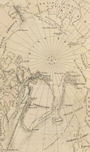 Vintage map of the arctic region and surrounding continents.