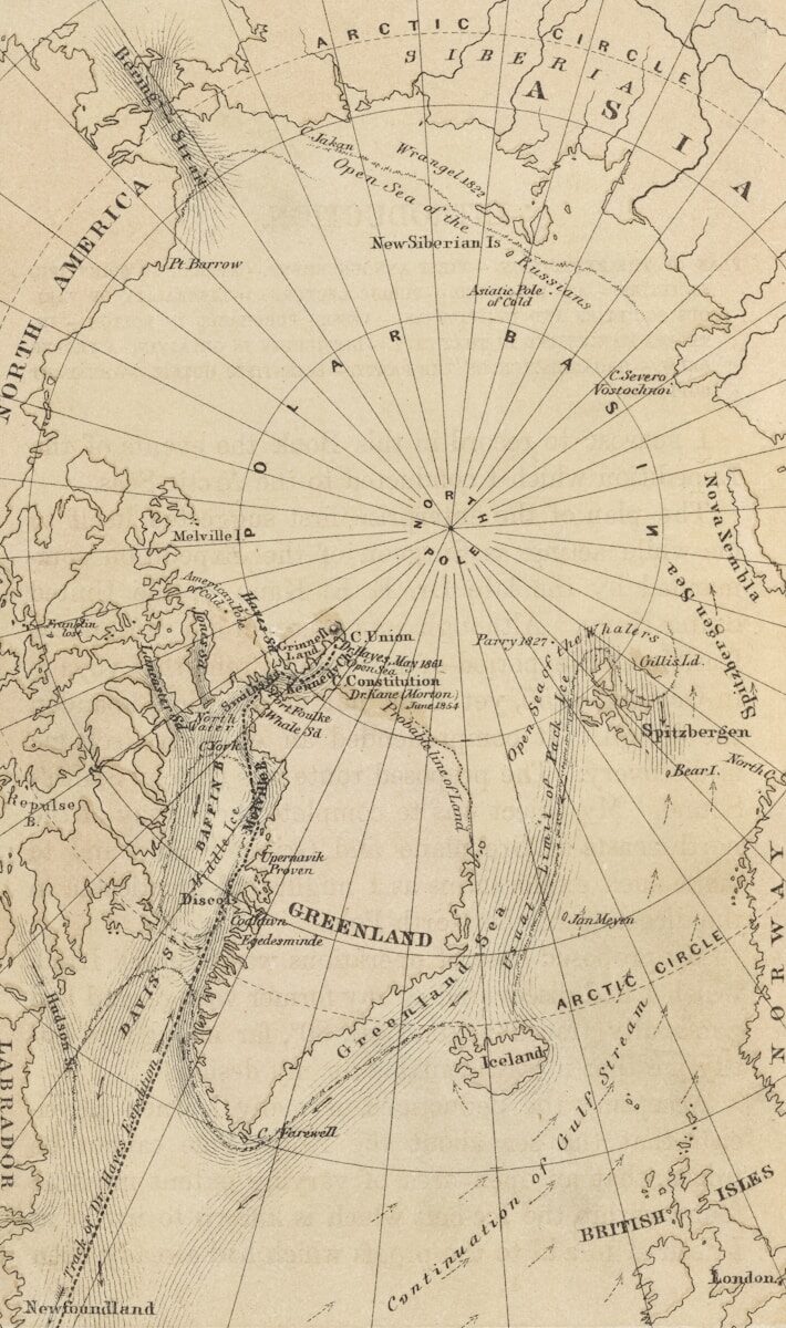 Vintage map of the arctic region and surrounding continents.